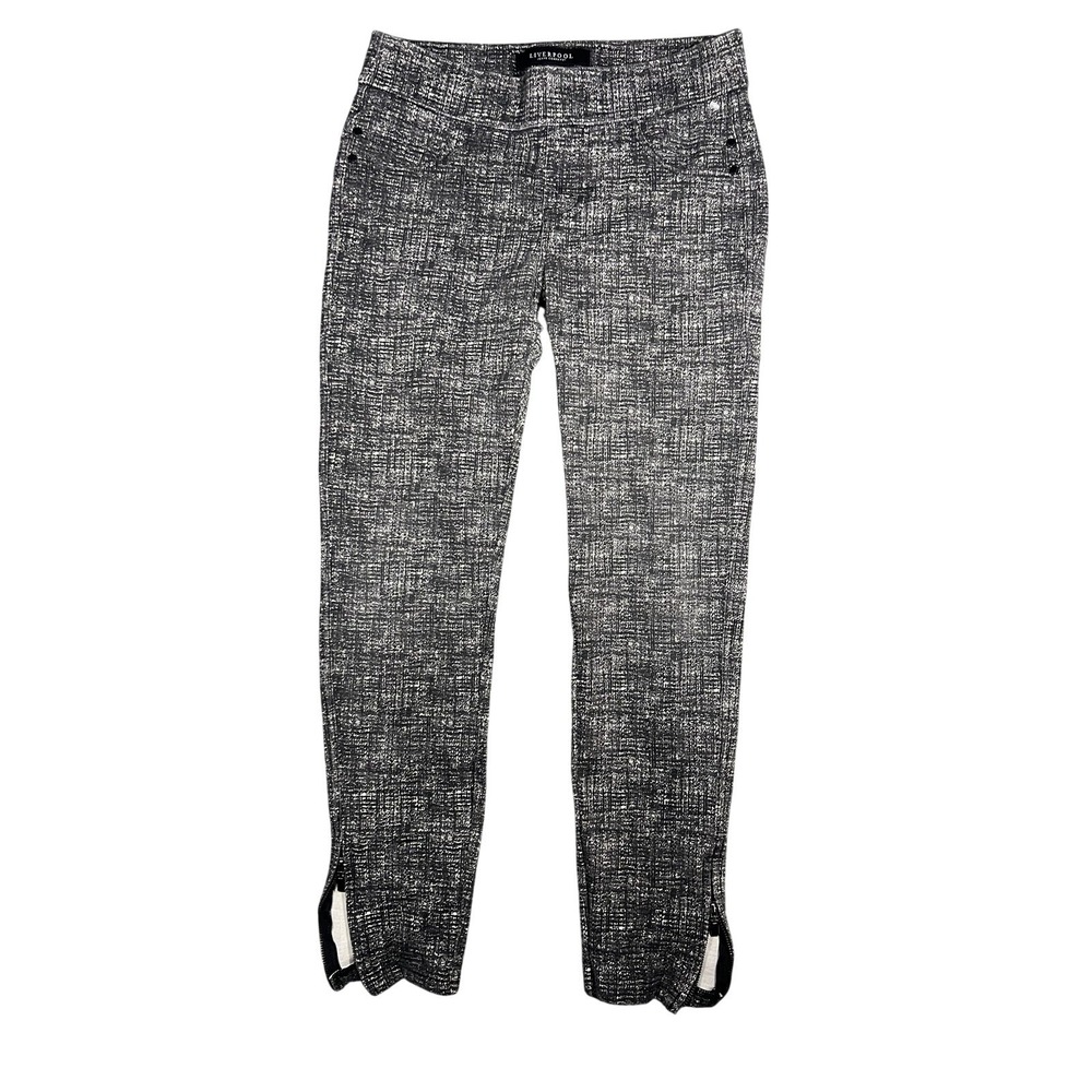 Liverpool Jeans Company Women's 4/27 Pull On Pants Black White Tweed Ankle Zip